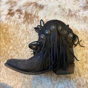 LIBERTY Black Black Fringe Concho Ankle Boots